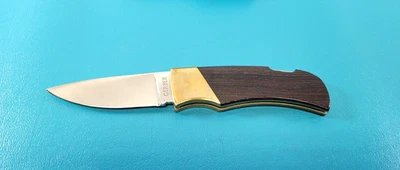 Rare Gerber Folding Drop Point Knife Blade Dark Wood Grips + Sheath TR543 - Image 1 of 4