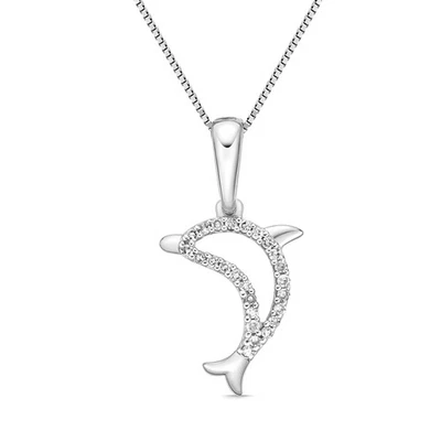 925 Sterling Silver 18" Box Chain Necklace with Dolphin Pendant w/ Round Diamond Foto 1 de 4