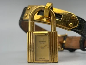 HERMES Kelly Gold Swiss Qz Women's Padlock Watch Green Belt - Picture 1 of 20