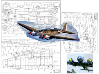 Model Airplane Plans (RC): Heinkel He111 H-2 1/12 Scale 74" for .25-.30s - Image 1 of 3
