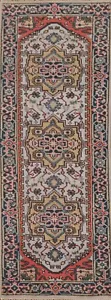 Geometric Ivory Heriz Serapi Runner Rug 2' 7" x 8' 2" Handmade Hallway Carpet - Picture 1 of 12