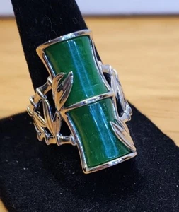Bleached/Dyed Green Jadeite Bamboo Rhodium over 925 Sterling Silver Ring Sz 7 - Picture 1 of 7