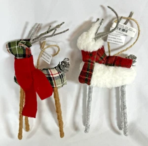 Pair of Pottery Barn Reindeer Christmas Ornaments, Plaid and Sherpa - NEW NWT - Picture 1 of 4