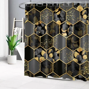 Botanical Leaf Black and Gold Geometric Shower Curtain Set for Bathroom Decor - Picture 1 of 22