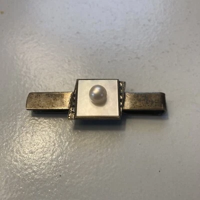 Vintage Silver Tie Clip Imitation Pearl/Seashell - Image 1 of 4