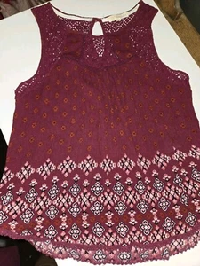 Wine Floral Womens Sleeveless Blouse Crochet And Crepe Sz XL - Picture 1 of 4