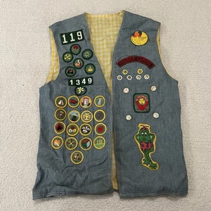 Girls Scout 70's Denim Vest Sz S Hoosier Capital Troop Patches - Picture 1 of 11