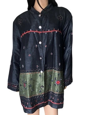 Chaqueta de seda Ulla Popken vintage con cuentas 24 26 botones frontal arte para usar boho Foto 1 de 4