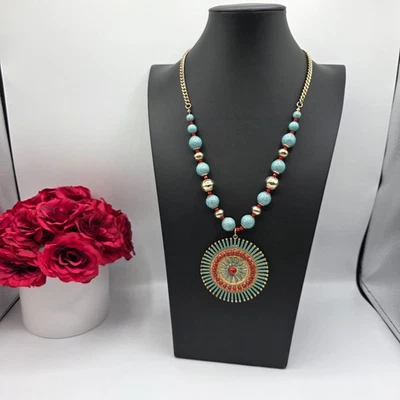 波西米亚 Sunburst 吊坠项链绿松石串珠声明珠宝金色 — 第 1/4 张图片
