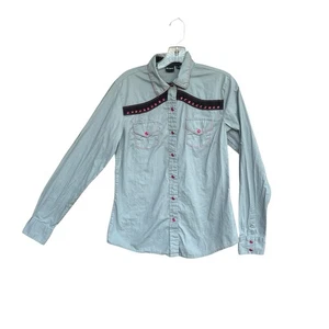 Cruel Girl Gray Pearl Snap Logo Shirt Women's Western Riding Rodeo Size Medium M - Picture 1 of 10
