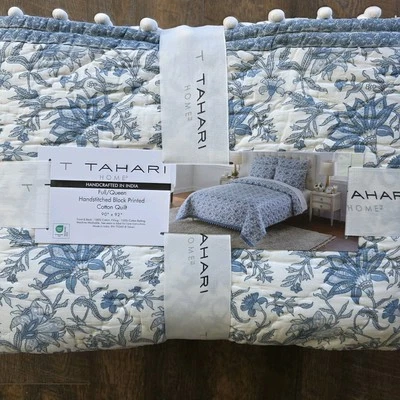 Edredón Tahari Full Queen Algodón Acolchado a Mano Estampado Floral Estampado en Bloque NUEVO Foto 1 de 4