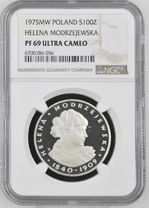 1975 POLAND SILVER 100 ZLOTYCH HELENA MODRZEJEWSKA NGC PF 69 ULTRA CAMEO - Picture 1 of 2