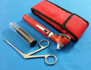 RED MINI FIBER OPTIC Otoscope LED Diagnostic+Alligator ENT EAR NOSE forceps KIT - Picture 1 of 8