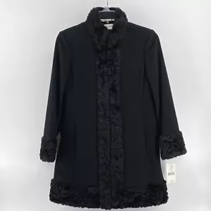 Albert Nipon Women's Med. 100% Wool Black Long Pea Coat Jacket W/Fur Trim NWT - Picture 1 of 12