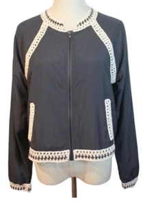 Free People Size 10-12 S Navy Blue Cream Crochet Trim Zip Front Boho Jacket - Picture 1 of 8