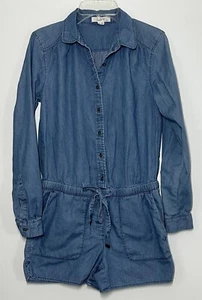 LOFT PXXS Chambray Denim Romper Collared Long Sleeves Tie Waist Pockets Y2K - Picture 1 of 13