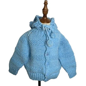 Vintage Handmade Knit Hooded Sweater 6-7 Blue Button Up Cardigan Puff Balls - Picture 1 of 7