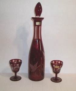 Ruby Red Egermann Czech Bohemian Etched Glass Decanter Stemware cordial glasses - Picture 1 of 24