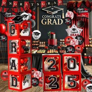 2025 Graduation Decorations Set - Red & Black Balloons Boxes & GRAD Letters - Picture 1 of 6
