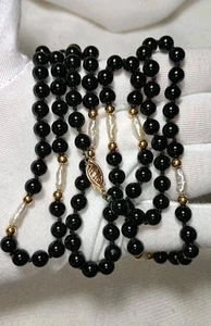 Vintage 14k Yellow Gold Black Onyx And Rice Freshwater Pearl Beaded Necklace 30" - Picture 1 of 19