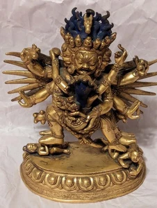 Vergoldete Bronze chinesisch-tibetische Figur von Hayagriva/Mahakala + Gemahlin, Tibet, 18. Jh. - Bild 1 von 9