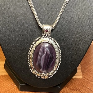 Coldwater Creek Faux Slag Glass Purple White Silvertone Pendant Necklace - Picture 1 of 4