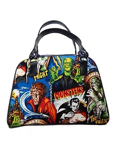 BOLSO BOWLER HECHO A MANO EN EE. UU. CON PATRÓN DE "MONSTRUOS", CON TELA NEGRA BRILLANTE, NUEVO - Imagen 1 de 6