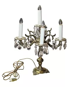 Vintage MCM Electric Brass Candelabra Crystal Prisms 5 Light Table Lamp - Picture 1 of 14