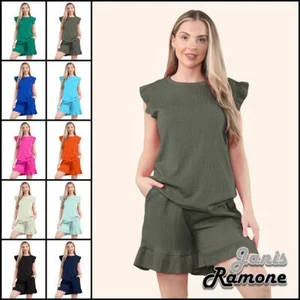 Conjunto corto de 2 piezas italiano para mujer conjunto de ropa de salón de verano con volantes sin mangas - Imagen 1 de 61