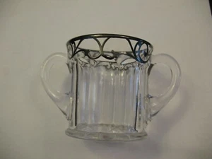 Vintage 2 Handled Sugar Bowl Clear With Silver Overlay 2 1/2" high - Picture 1 of 4