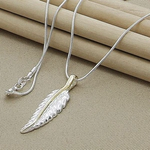 925 Sterling Silver Feather Pendant Necklace Snake Chain Fashion Jewelry - Picture 1 of 3