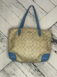 COACH F29208 TOTE TOP CON ZIP IN TELA RIVESTITA FIRMATA KAKI/Turchese - Foto 1 di 9