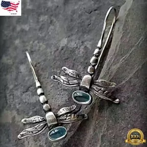 Vintage 925 Silver Dragonfly Moonstone Hook Dangle Earrings Women Jewelry 90025 - Picture 1 of 8