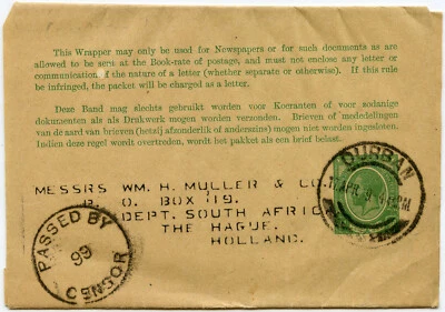 ENVOLTURA DE PAPELERÍA SUDAFRICA PRIMERA GUERRA MUNDIAL CENSURADA 99 DURBAN a LA HAYA HOLANDA Foto 1 de 2