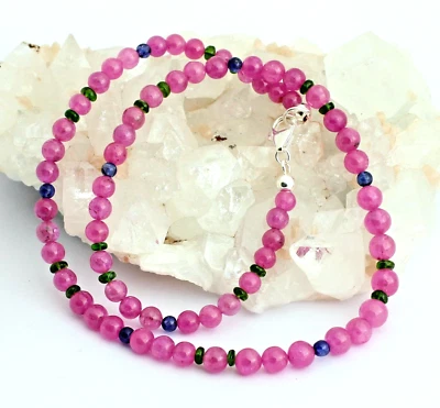 Collana Di Zaffiro Rosa Con Cromdiopside E Zaffiro Blu Circa 46 Cm - Immagine 1 di 4