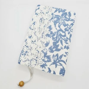 Fabric book cover blue white with white lace for pocketbook / novel A5 - Picture 1 of 4