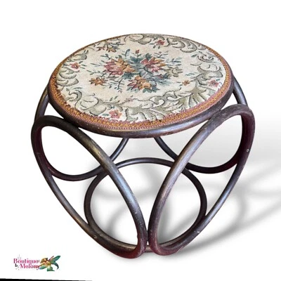 Vintage Dark Bentwood Footstool Ottoman Embroidered  - Image 1 of 4