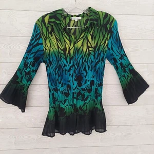 Camicia moda Bug M stampa animalier ombreggiato bottoni davanti blusa colorata pieghe - Foto 1 di 9