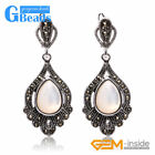 Drip Stone Snap Closure Marcasite Silver Dangle Earrings Jewelry for Women + Box