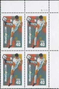 Plate Block of 4 stamps - Scott 2835 - 40 cent - World Cup USA - 1994 - MNH - Picture 1 of 1