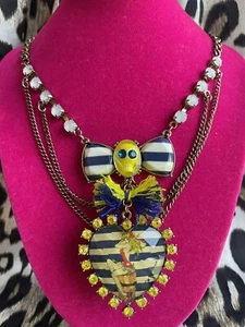 Betsey Johnson Ship Shape Pinup Girl Skull Lucite Heart Striped Bow Necklace - Picture 1 of 7