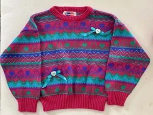 Vintage 80’s Girl’s Popsicle hot pink hearts W/ button Ribbon detail 4T Sweater - Picture 1 of 12