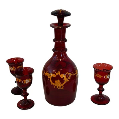 Czech or Bohemian ruby red glass decanter with stopper 3 cordial glasses - Image 1 of 4