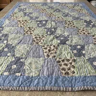 ￼ Handmade, Quilted Baby Blanket Blue &Green Patchwork 40x30” - Image 1 of 4
