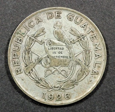 1926 GUATEMALA 1/4 QUETZAL BIRD ON PILLAR SILVER - Image 1 of 2