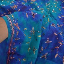 Sanskriti Vintage Blue Tie-Dye Hand Beaded Sarees Pure Crepe Silk Sari Fabric
