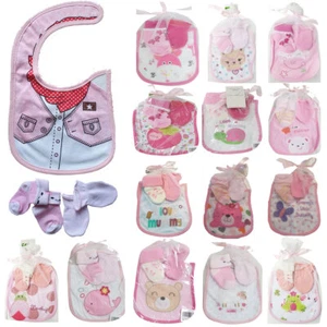 Baby Girls Bib, Socks & Mittens Newborn Gift Set Various designs STOCK CLEARANCE - Picture 1 of 18