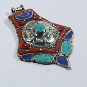 Coral Turquoise Pendant Tibetan Silver Handmade Amulet Blue Lapis Tribal Jewelry - Picture 1 of 7