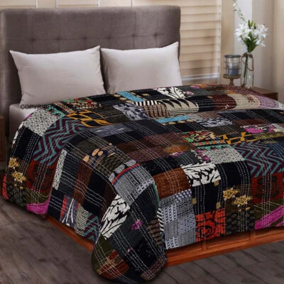 INDIAN VINTAGE SILK KANTHA QUILT BEDSPREAD BLANKET THROW QUEEN- SIZE PATCHWORK - Image 1 of 4