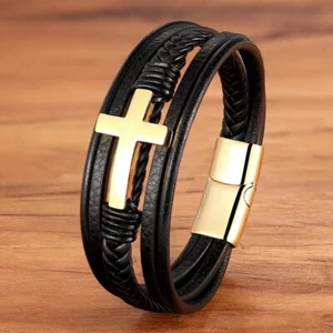 Cross Amulet Braid Leather Stainless Steel Bracelets Cool Stuff Simple Fashion - Picture 1 of 14